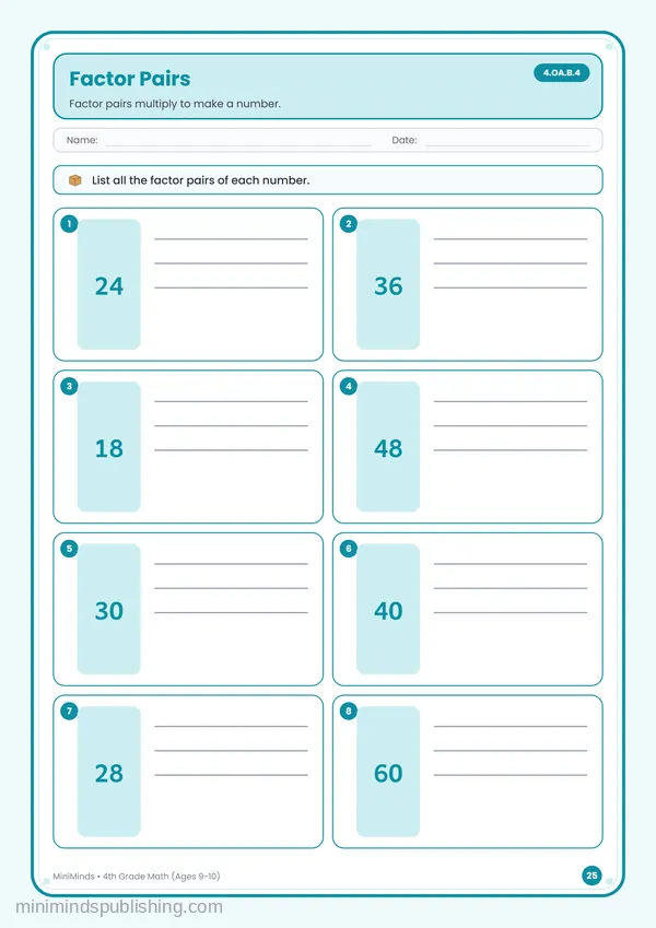 Factor Pairs — free printable 4th Grade worksheet