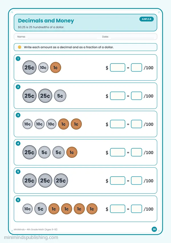 Decimals and Money — free printable 4th Grade worksheet