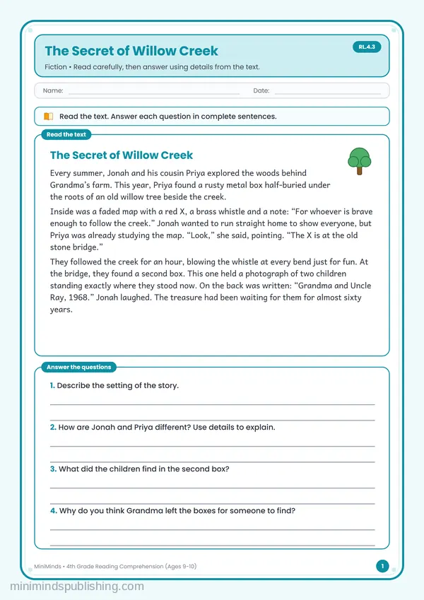 The Secret of Willow Creek — free printable 4th Grade worksheet