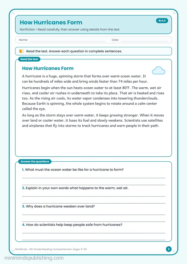 How Hurricanes Form — free printable 4th Grade worksheet