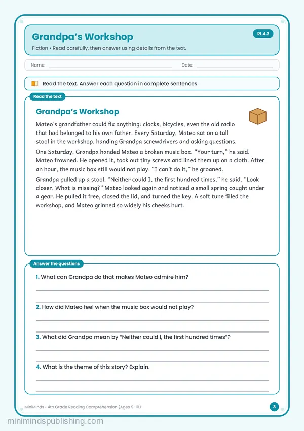 Grandpa’s Workshop — free printable 4th Grade worksheet