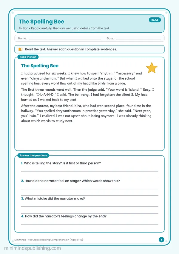 The Spelling Bee — free printable 4th Grade worksheet