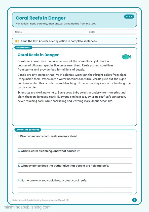 Coral Reefs in Danger — free printable 4th Grade worksheet