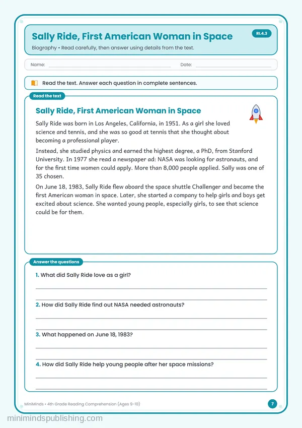 Sally Ride, First American Woman in Space — free printable 4th Grade worksheet