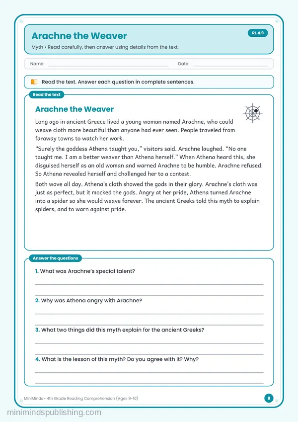 Arachne the Weaver — free printable 4th Grade worksheet