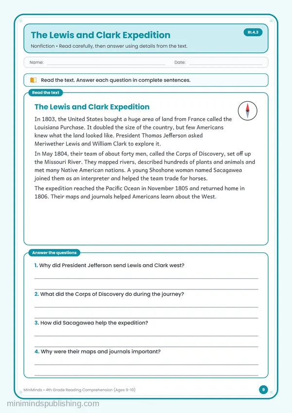 The Lewis and Clark Expedition — free printable 4th Grade worksheet