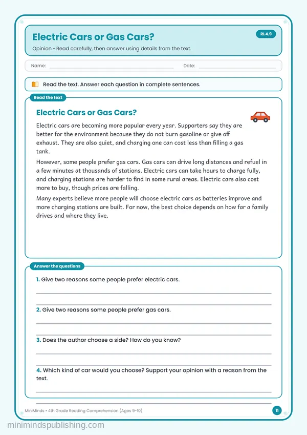 Electric Cars or Gas Cars? — free printable 4th Grade worksheet