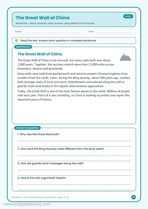 The Great Wall of China — free printable 4th Grade worksheet