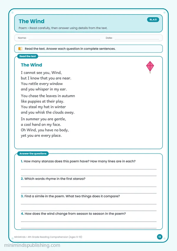 The Wind — free printable 4th Grade worksheet