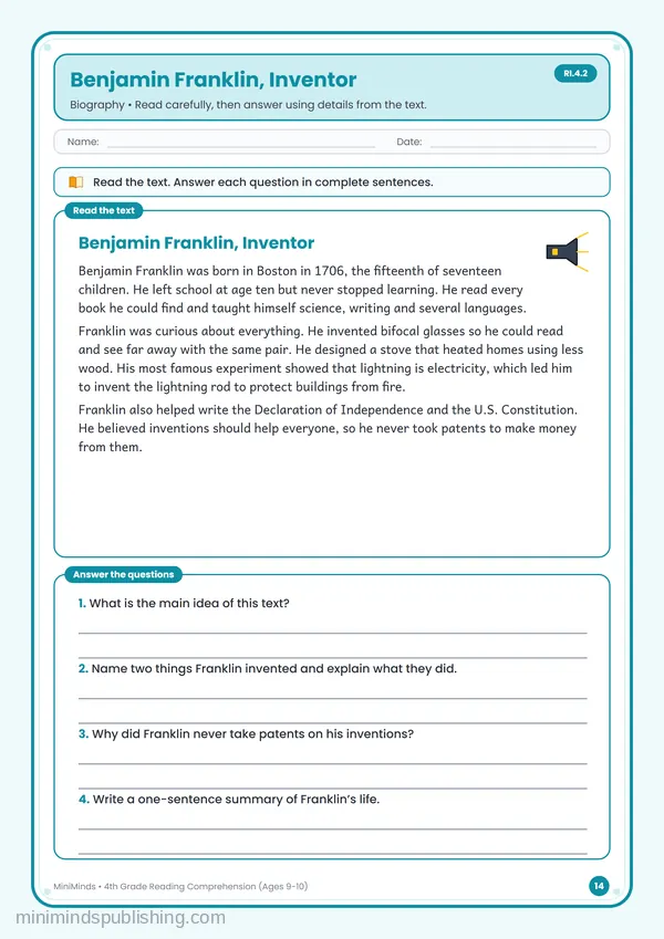 Benjamin Franklin, Inventor — free printable 4th Grade worksheet