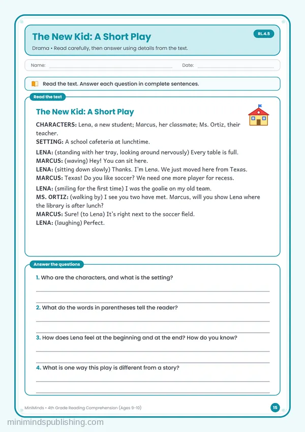 The New Kid: A Short Play — free printable 4th Grade worksheet