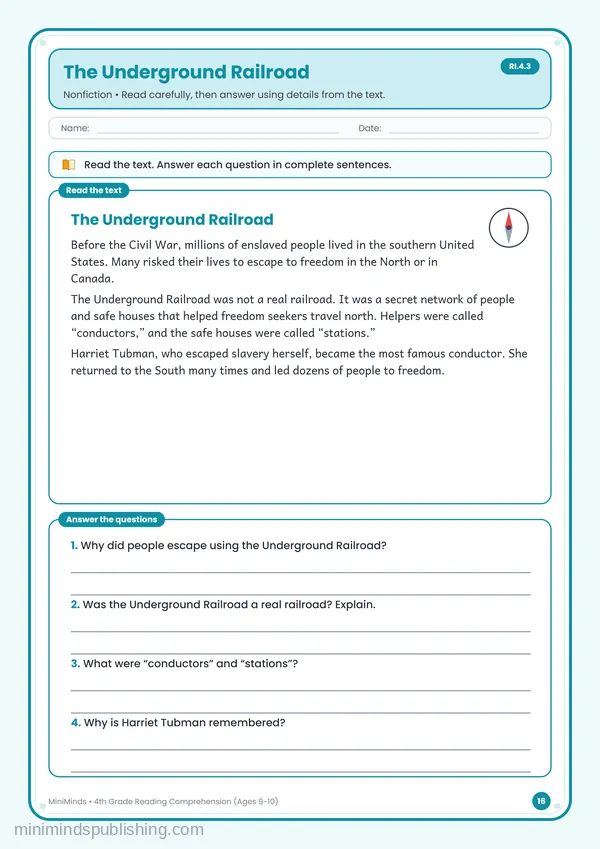 The Underground Railroad — free printable 4th Grade worksheet