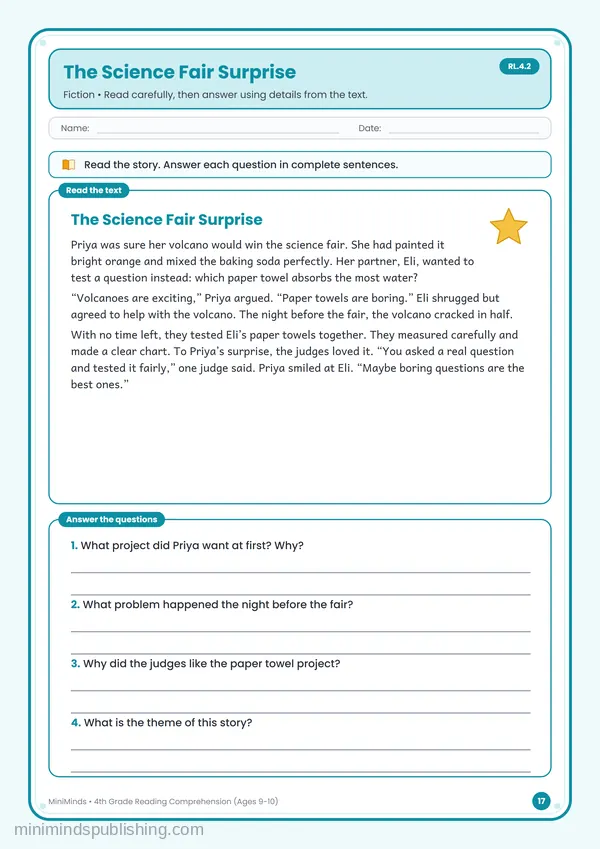 The Science Fair Surprise — free printable 4th Grade worksheet