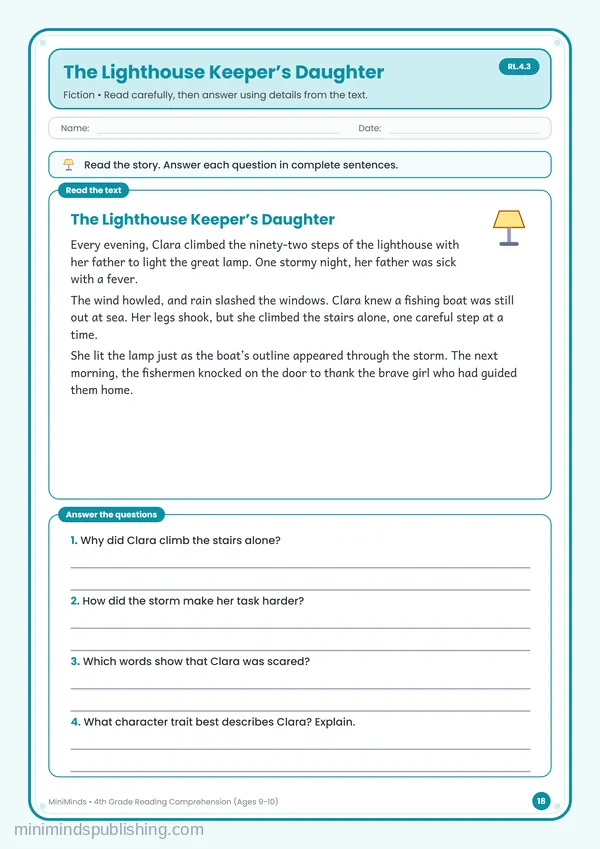 The Lighthouse Keeper’s Daughter — free printable 4th Grade worksheet