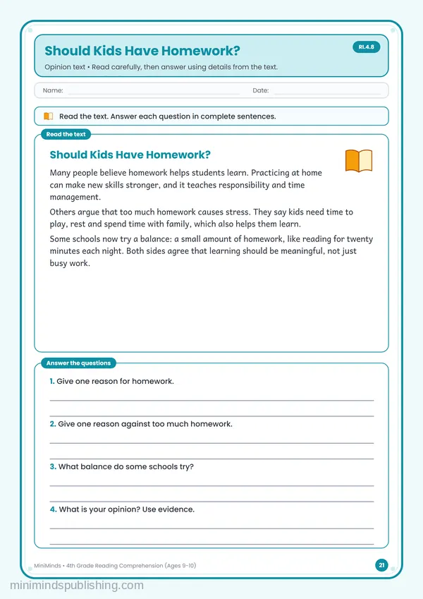 Should Kids Have Homework? — free printable 4th Grade worksheet