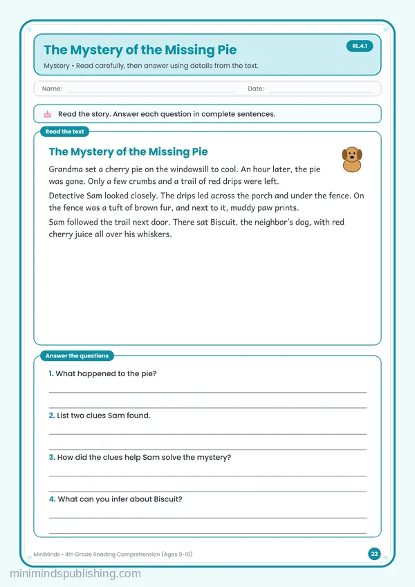 The Mystery of the Missing Pie — free printable 4th Grade worksheet