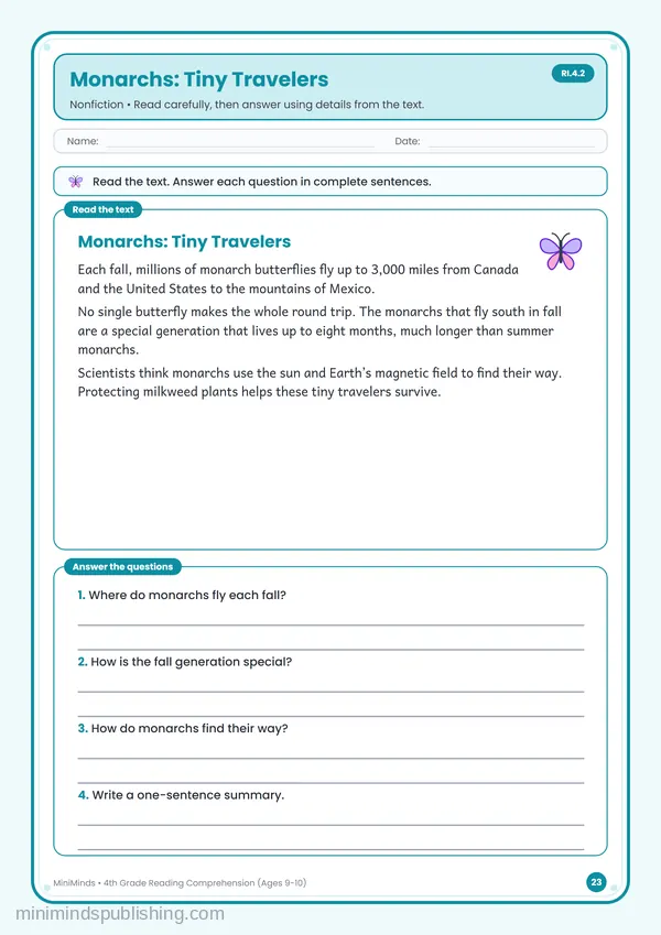 Monarchs: Tiny Travelers — free printable 4th Grade worksheet