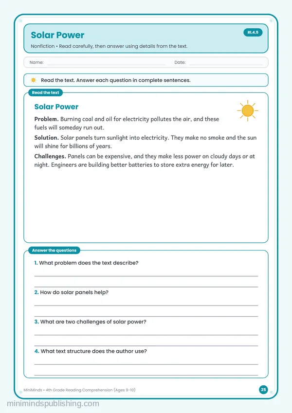 Solar Power — free printable 4th Grade worksheet