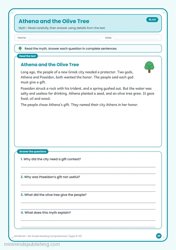 Athena and the Olive Tree — free printable 4th Grade worksheet