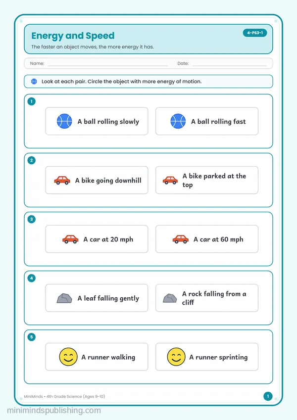 Energy and Speed — free printable 4th Grade worksheet