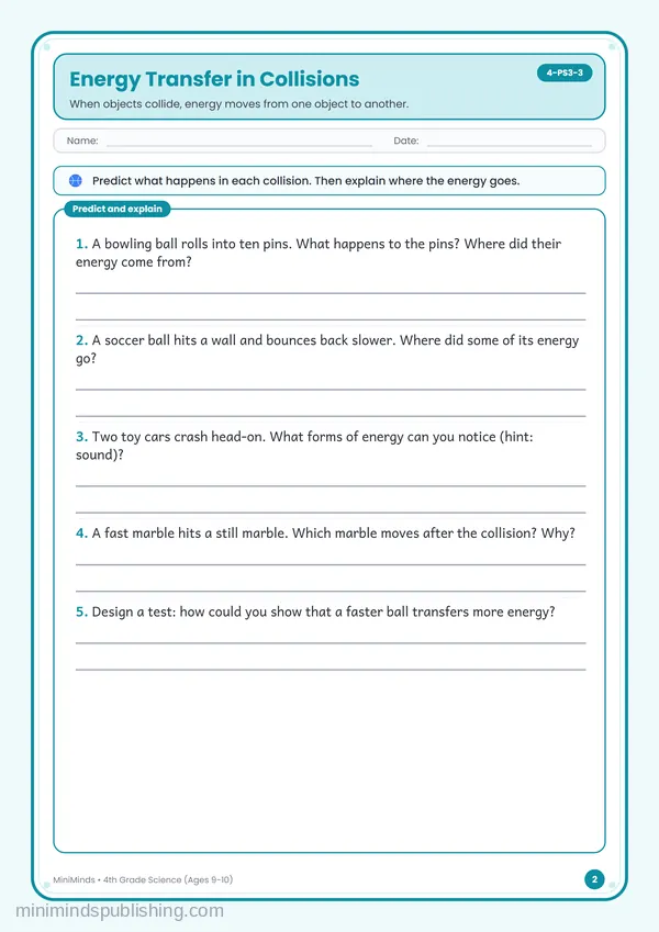Energy Transfer in Collisions — free printable 4th Grade worksheet