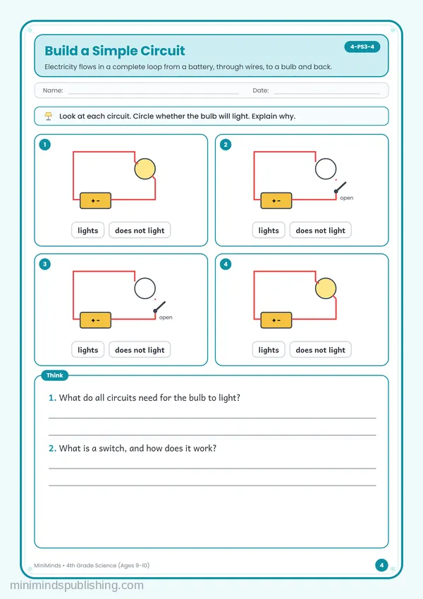 Build a Simple Circuit — free printable 4th Grade worksheet