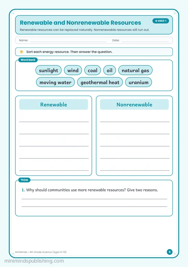 Renewable and Nonrenewable Resources — free printable 4th Grade worksheet