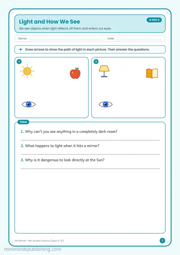 Light and How We See — free printable 4th Grade worksheet