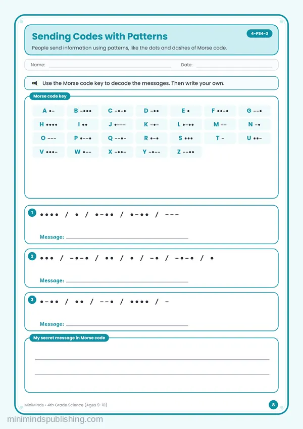 Sending Codes with Patterns — free printable 4th Grade worksheet