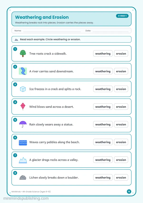 Weathering and Erosion — free printable 4th Grade worksheet