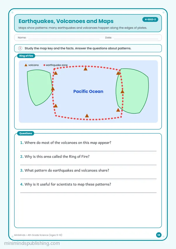 Earthquakes, Volcanoes and Maps — free printable 4th Grade worksheet