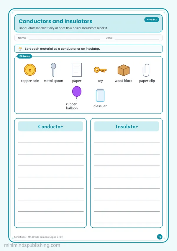 Conductors and Insulators — free printable 4th Grade worksheet