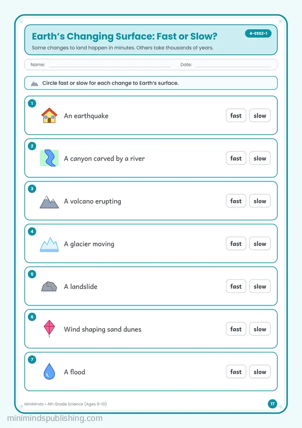 Earth’s Changing Surface: Fast or Slow? — free printable 4th Grade worksheet