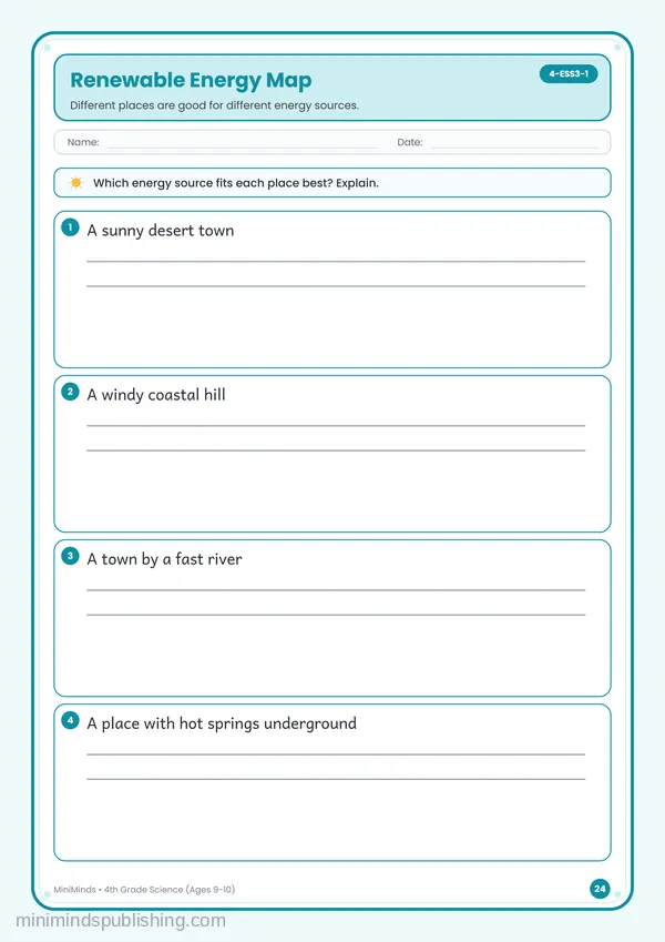 Renewable Energy Map — free printable 4th Grade worksheet