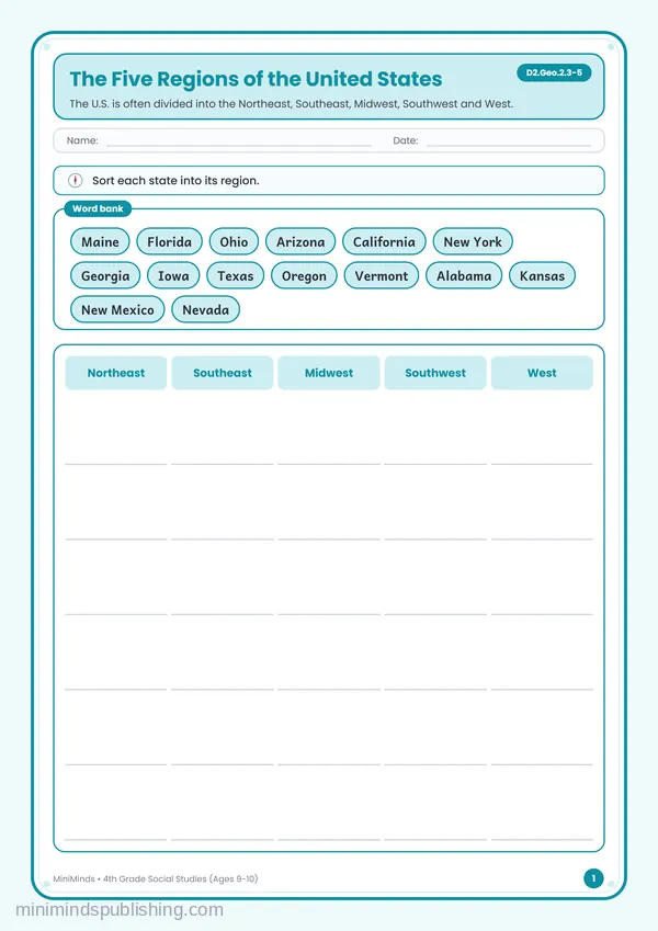 The Five Regions of the United States — free printable 4th Grade worksheet