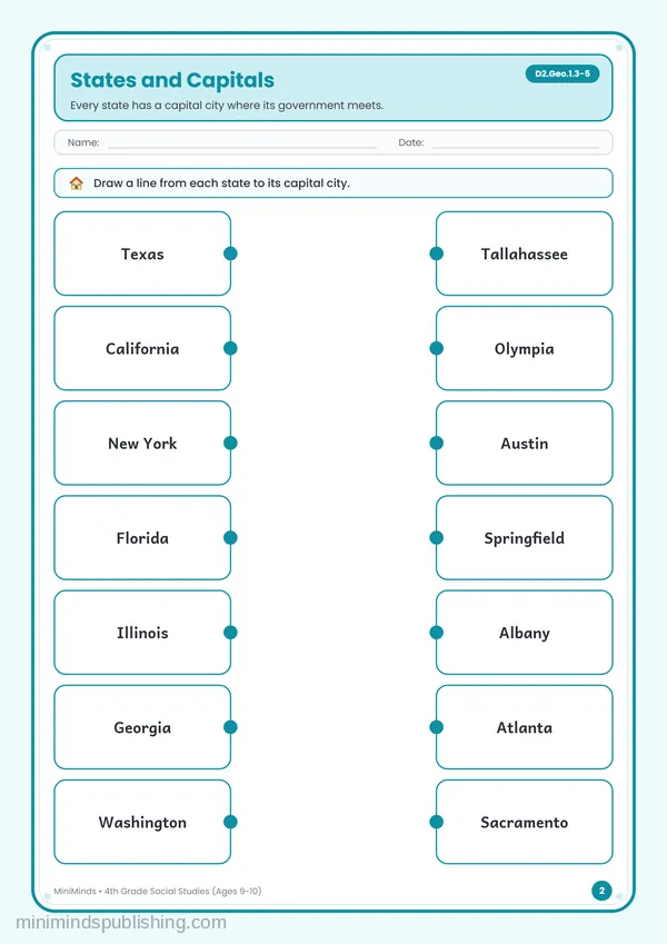 States and Capitals — free printable 4th Grade worksheet