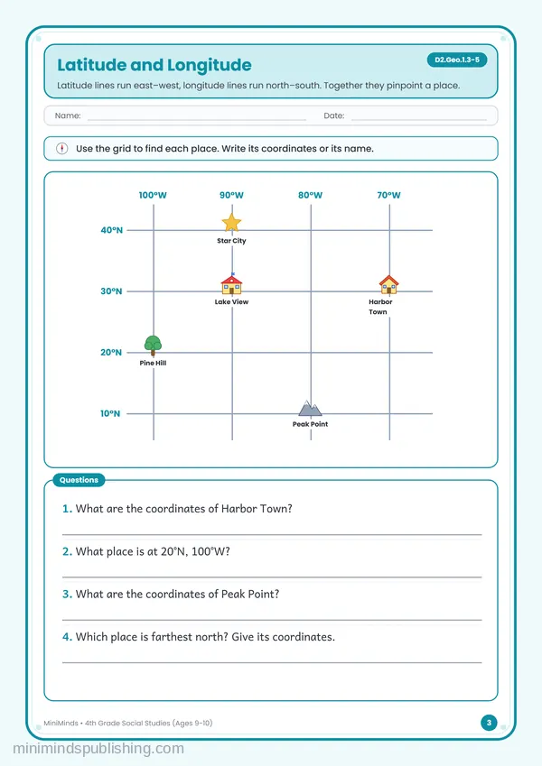 Latitude and Longitude — free printable 4th Grade worksheet