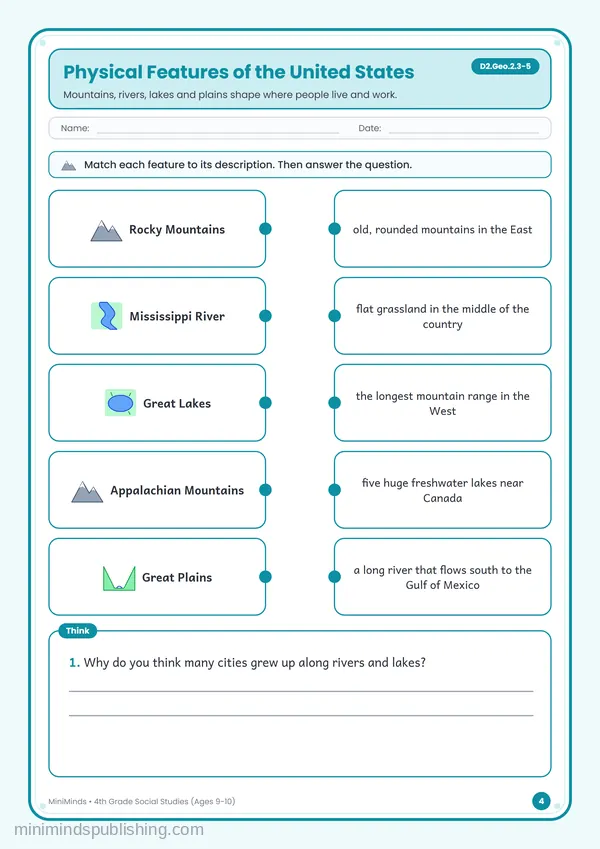 Physical Features of the United States — free printable 4th Grade worksheet