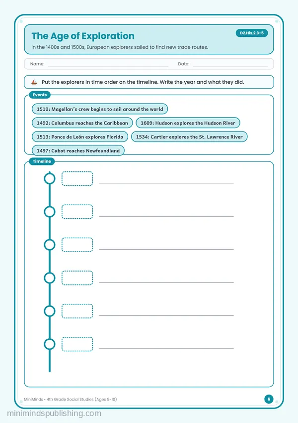 The Age of Exploration — free printable 4th Grade worksheet