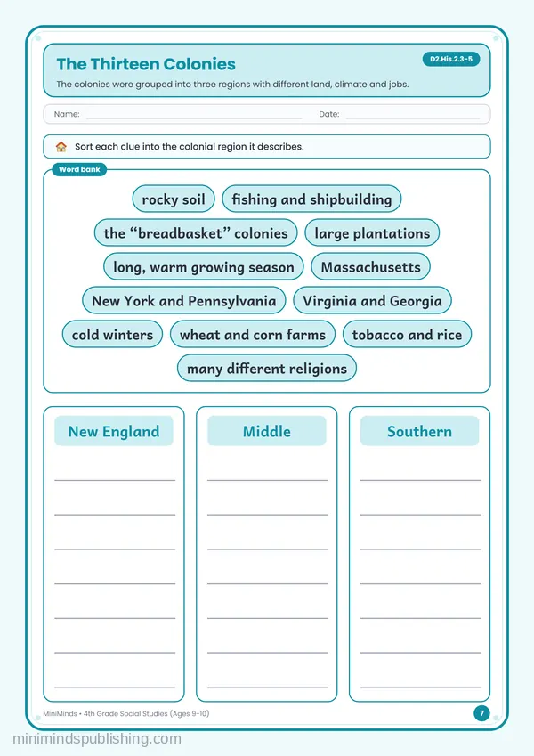 The Thirteen Colonies — free printable 4th Grade worksheet