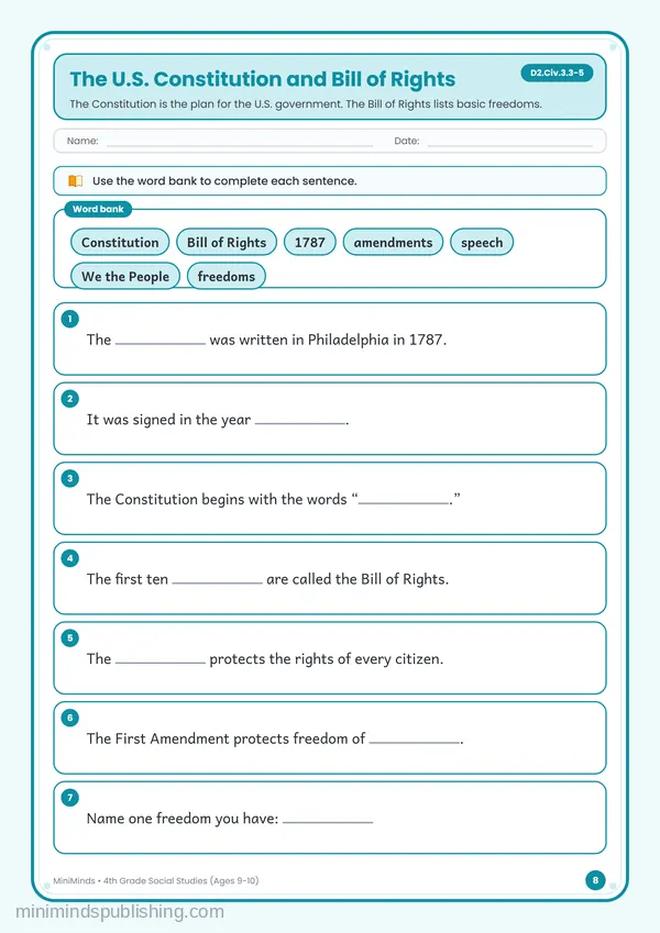 The U.S. Constitution and Bill of Rights — free printable 4th Grade worksheet