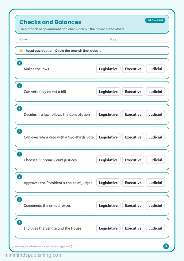 Checks and Balances — free printable 4th Grade worksheet