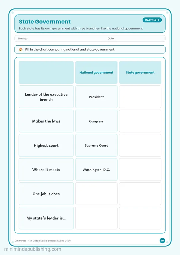 State Government — free printable 4th Grade worksheet