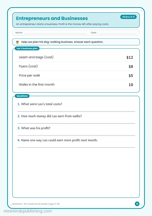 Entrepreneurs and Businesses — free printable 4th Grade worksheet