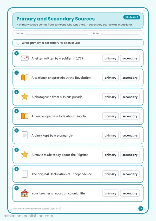 Primary and Secondary Sources — free printable 4th Grade worksheet