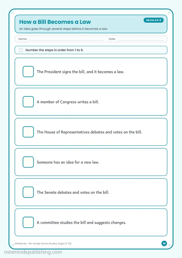 How a Bill Becomes a Law — free printable 4th Grade worksheet