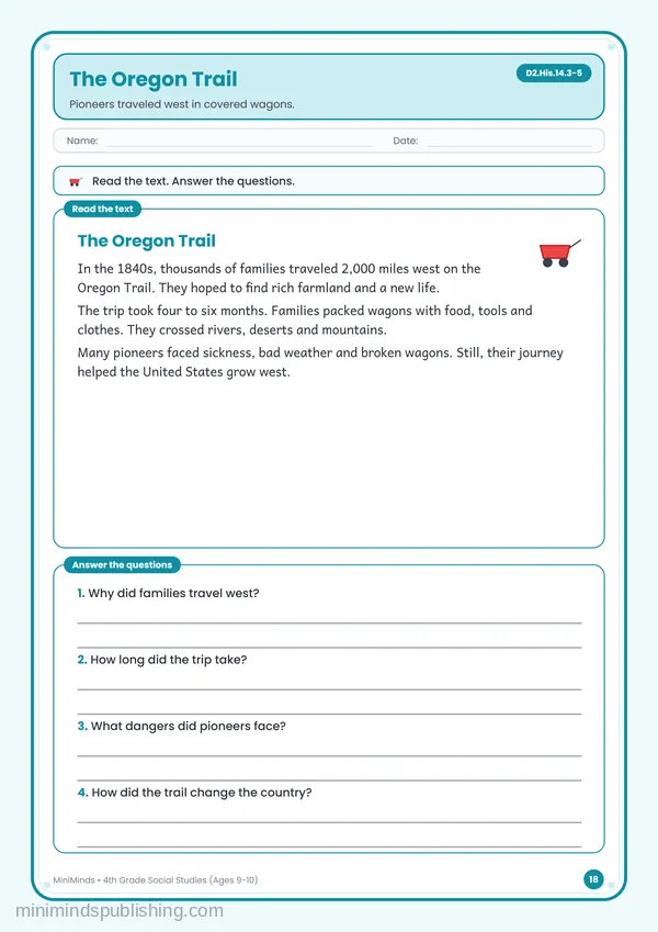 The Oregon Trail — free printable 4th Grade worksheet