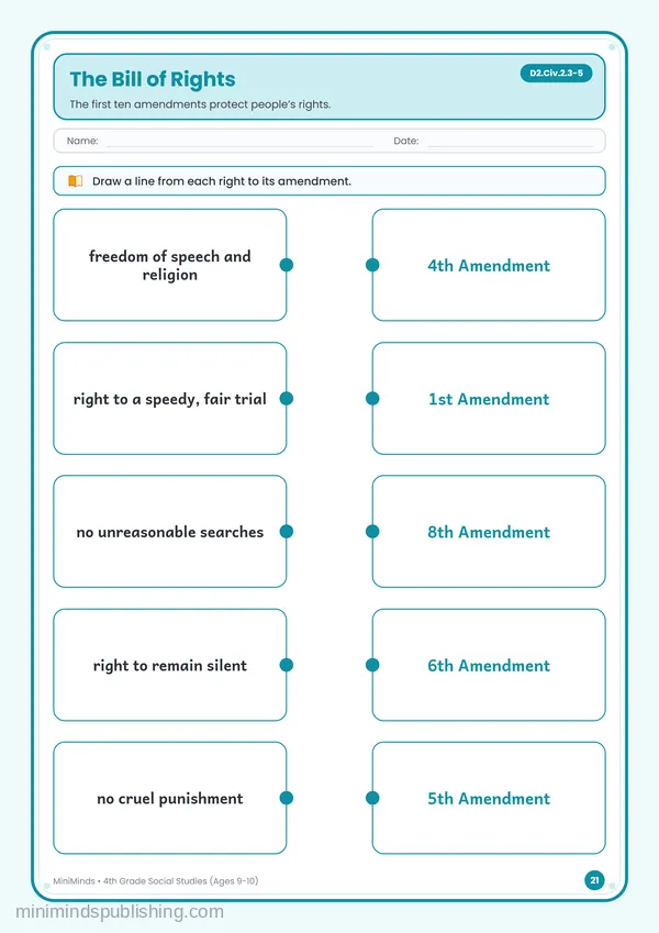 The Bill of Rights — free printable 4th Grade worksheet