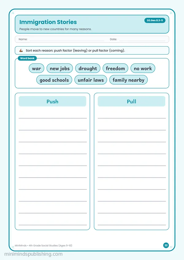 Immigration Stories — free printable 4th Grade worksheet