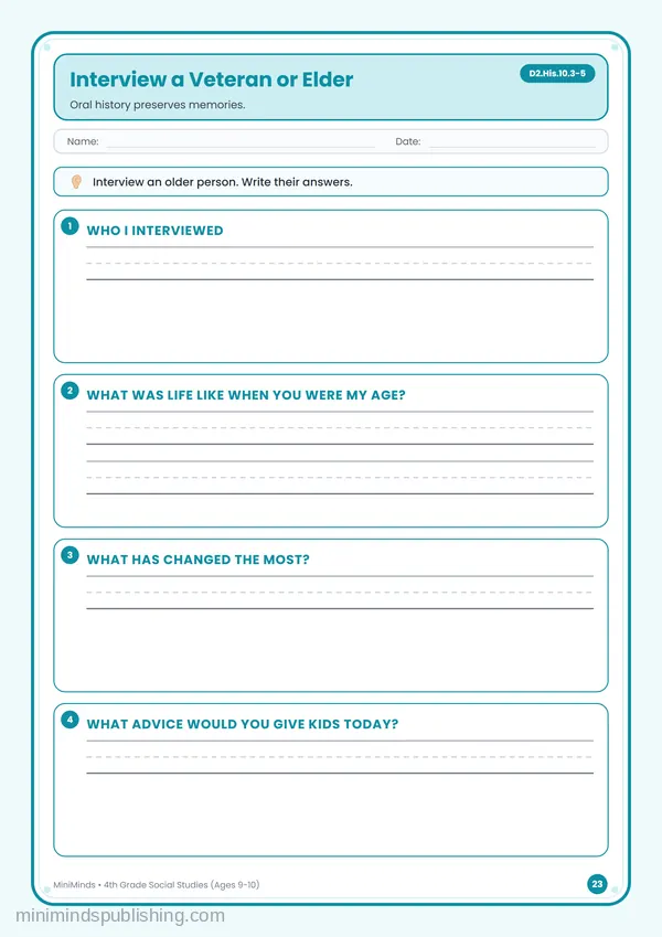 Interview a Veteran or Elder — free printable 4th Grade worksheet